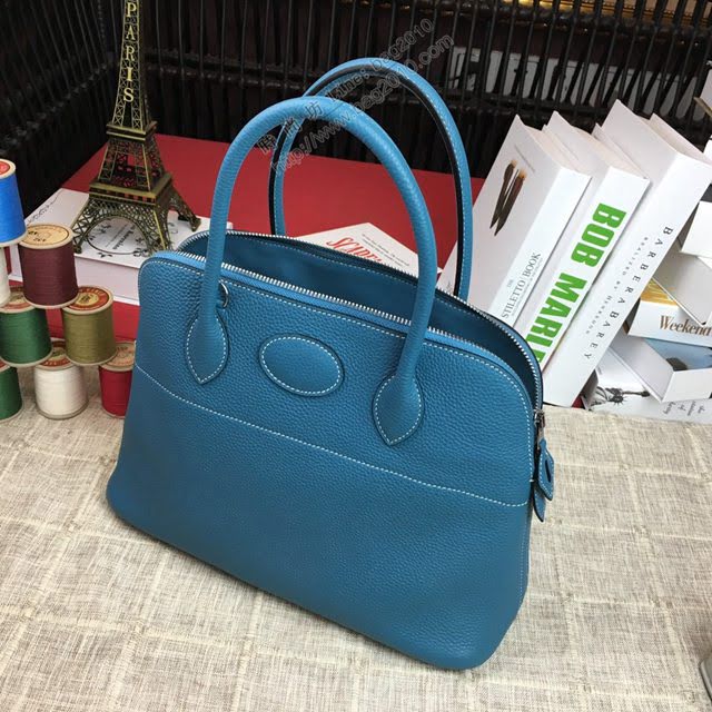 Hermes女包 愛馬仕Bolide系列手提包 原版TC大牛皮 半手工蠟線縫製 牛仔藍  am2005